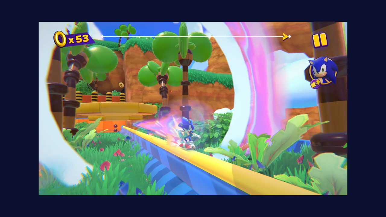 Sonic Dream Team gameplay screenshot of a wide dream world with floating paths and glowing orbs