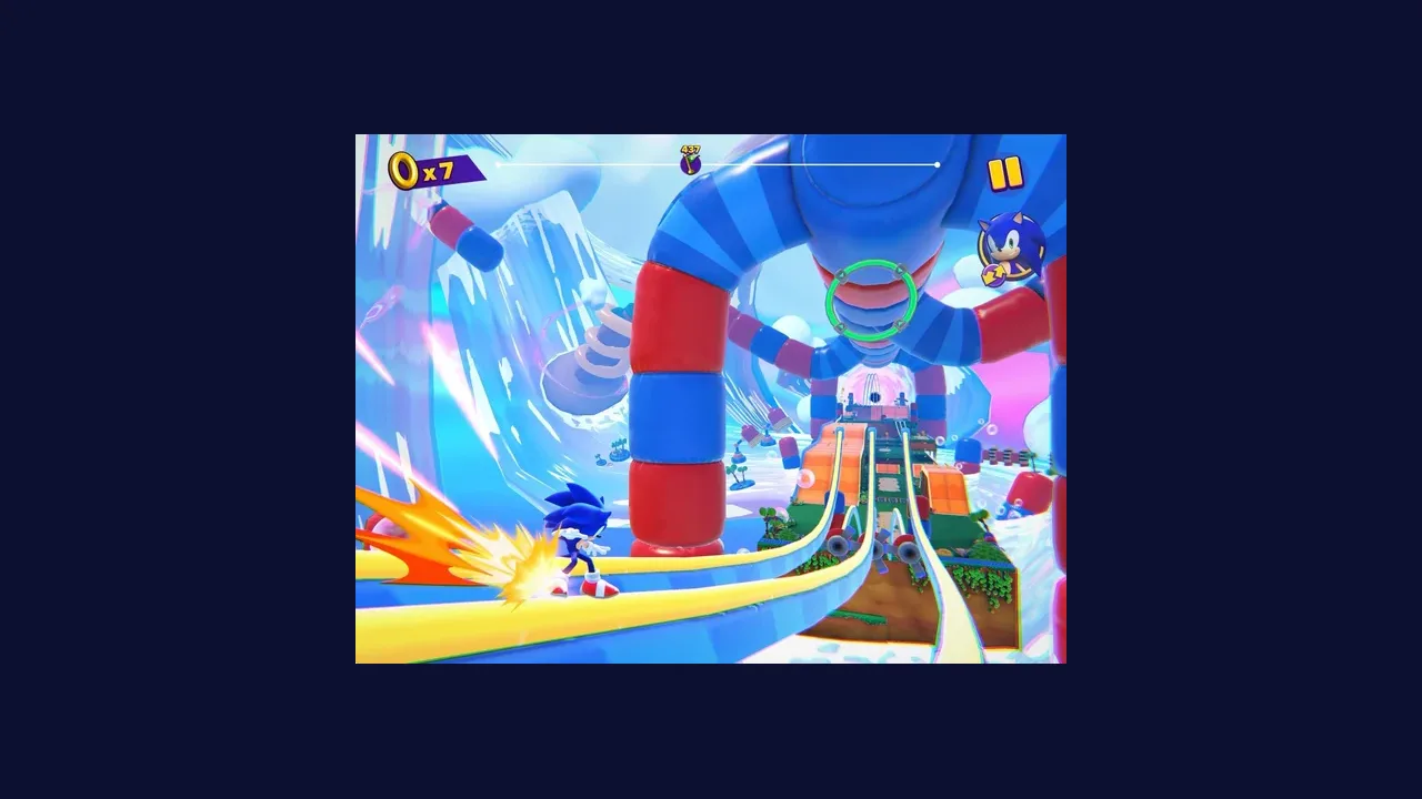 Sonic Dream Team gameplay screenshot of Sonic at the start of a bright dream level