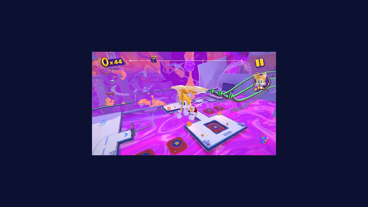 Sonic Dream Team gameplay screenshot of Tails flying above a dream world canyon