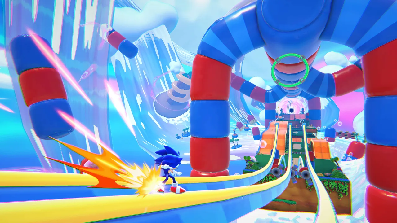 Sonic Dream Team key art of a dream world with long gliding lines above clouds