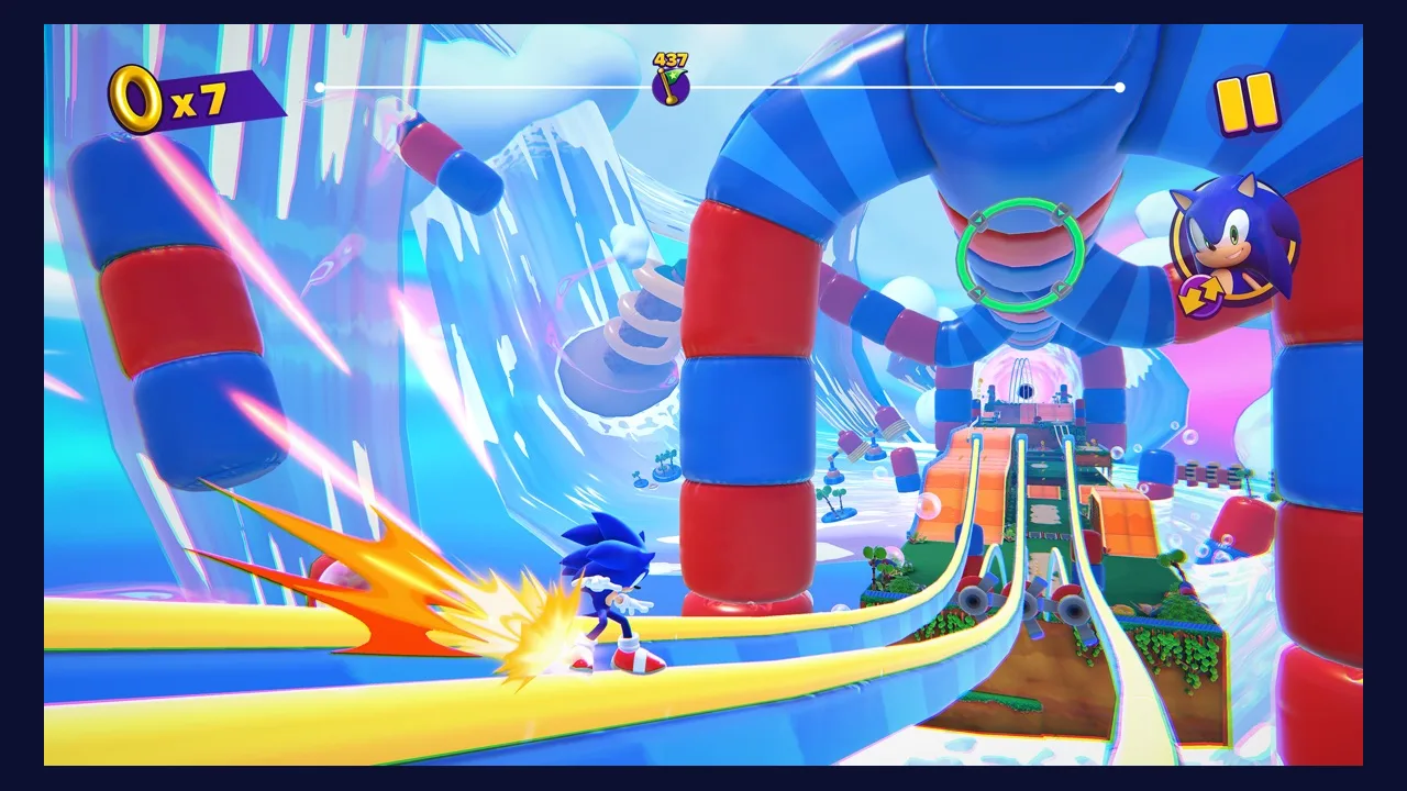 Sonic Dream Team gameplay screenshot of a colorful dream world vista with the heroes racing