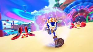 Sonic Dream Team gameplay screenshot of twisted rails above a dream landscape